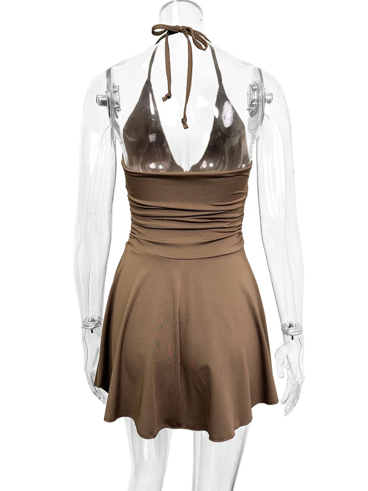 Sexy Halter Deep V Neck Shirring Flounce Hemline Slim Bodycon Dress Women Backless Sleeveless Skinny Dress Elegant Club Party - Image 4