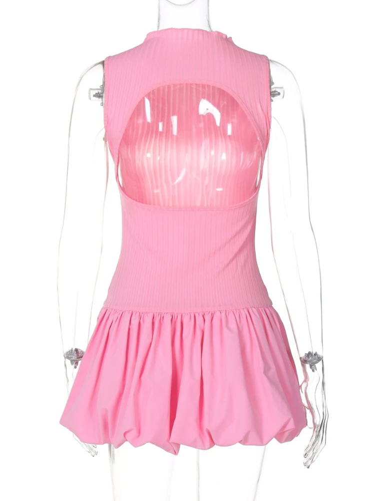 Rib Knitted Patchwork Ball Gown Mini Dress Women Sleeveless Back Hollow Out Skinny Dress Elegant Club Party Vestidos - Image 6