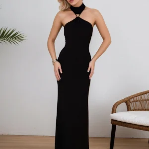 Sexy Metal Buckle Wrap Chest Slim Bodycon Maxi Dress Women Sleeveless Off Shoulder Slit Long Evening Dress Club Party Vestidos