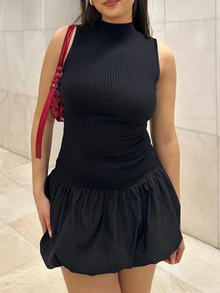 Rib Knitted Patchwork Ball Gown Mini Dress Women Sleeveless Back Hollow Out Skinny Dress Elegant Club Party Vestidos - Image 3