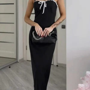 Sexy Drawstring Lace Black White Splicing Bodycon Long Dress Women Spaghetti Strap Skinny Maxi Dress Elegant Club Party